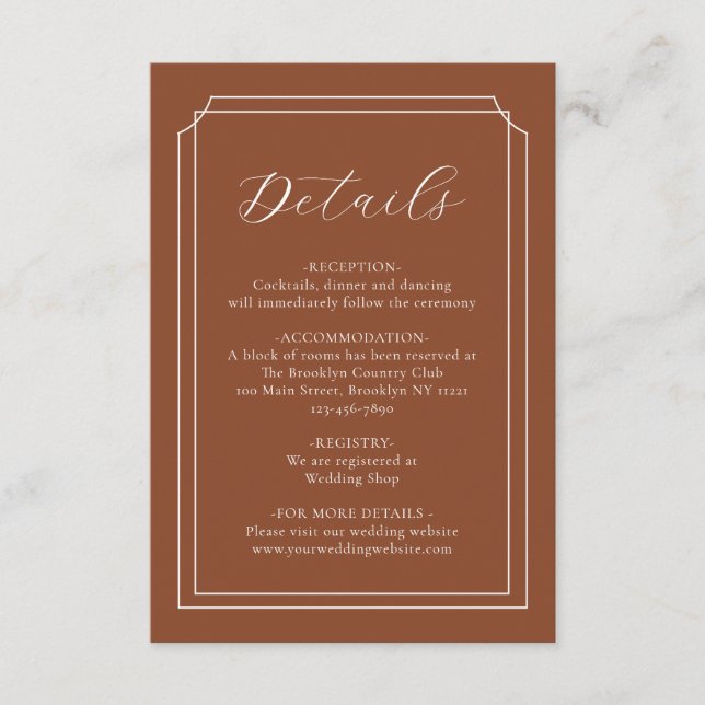 Elegant Script Terracotta 70s Monogram Wedding Enclosure Card (Front)