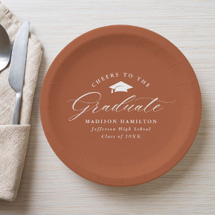 Elegant Script Terracotta Cheers to the Graduate Paper Plates
