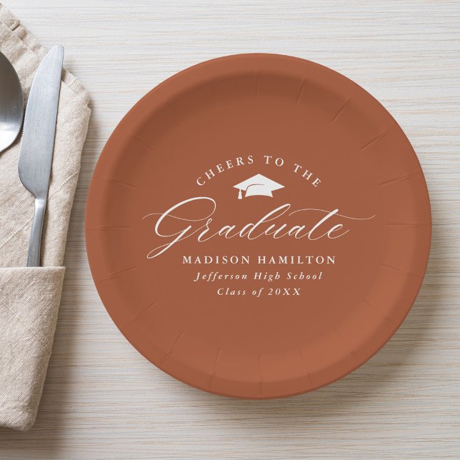 Elegant Script Terracotta Cheers to the Graduate Paper Plates (Creator Uploaded)