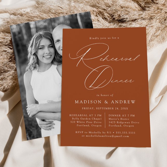 Elegant Script Terracotta Photo Rehearsal Dinner Invitation (Creator Uploaded)