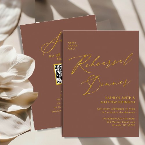 Elegant Script Terracotta Rehearsal Dinner QR Code Invitation