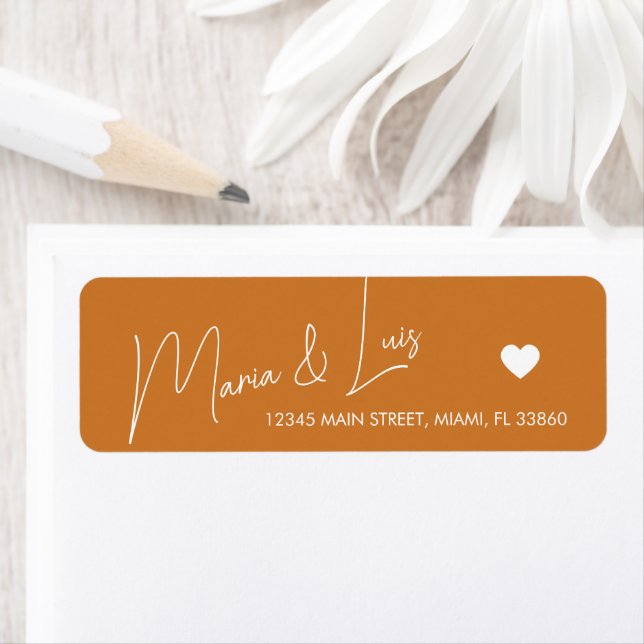 Elegant Script Terracotta Tan Heart Wedding Label (Insitu)
