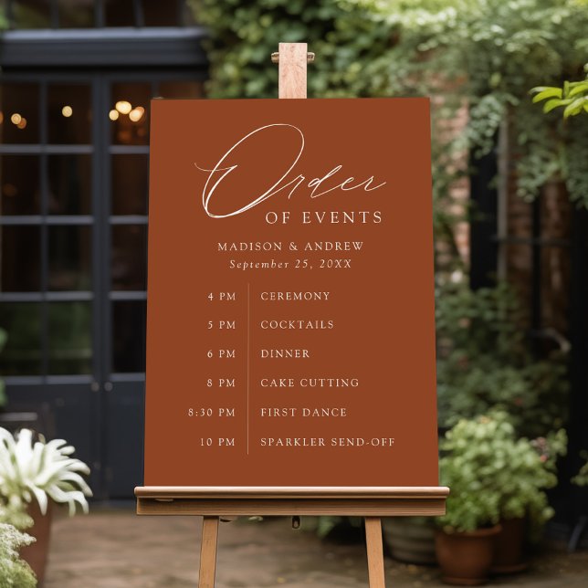 Elegant Script Terracotta Wedding Order of Events Foam Board (Creator Uploaded)
