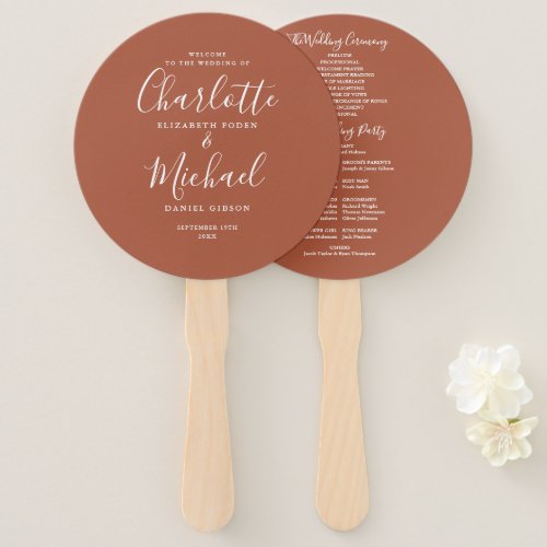 Elegant Script Terracotta Wedding Program Hand Fan