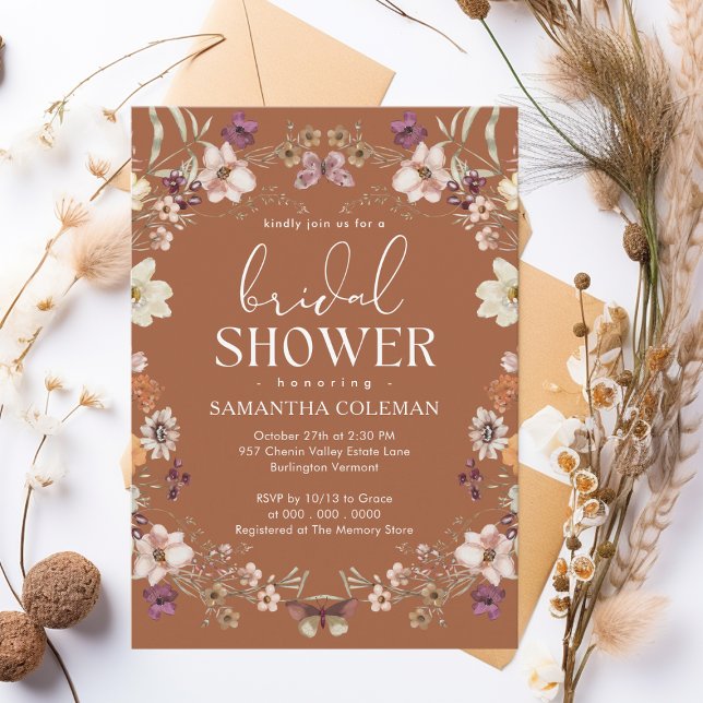 Elegant Script Terracotta Wildflower Bridal Shower Invitation (Creator Uploaded)