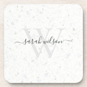Elegant Script Terrazzo Stone Ivory Gray Monogram Beverage Coaster