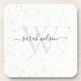 Elegant Script Terrazzo Stone Ivory Gray Monogram Beverage Coaster