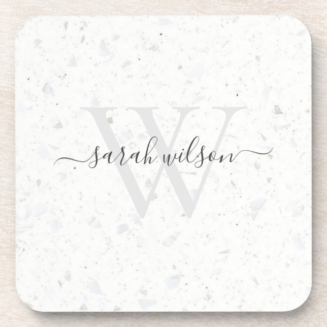 Elegant Script Terrazzo Stone Ivory Gray Monogram Beverage Coaster (Front)