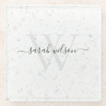 Elegant Script Terrazzo Stone Ivory Grey Monogram  Glass Coaster<br><div class="desc">If you need any further customisation please feel free to message me on yellowfebstudio@gmail.com.</div>