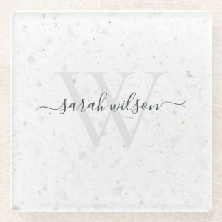 Elegant Script Terrazzo Stone Ivory Grey Monogram Glass Coaster