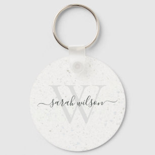 Elegant Script Terrazzo Stone Ivory Grey Monogram Keychain