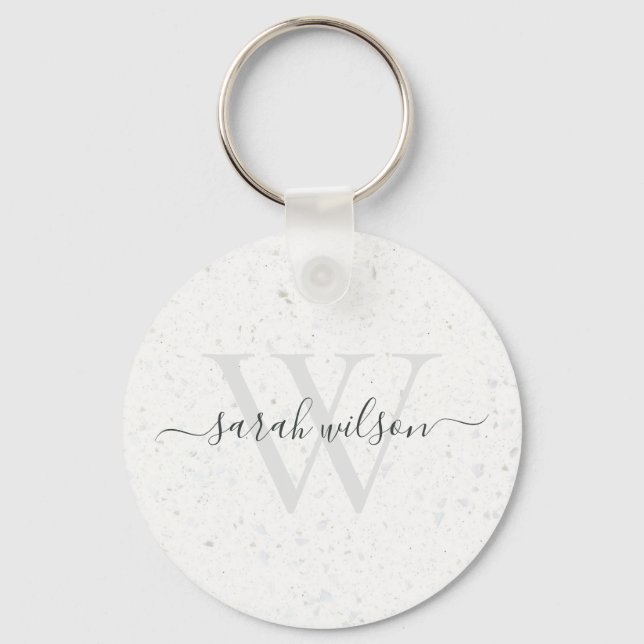 Elegant Script Terrazzo Stone Ivory Grey Monogram Keychain (Front)