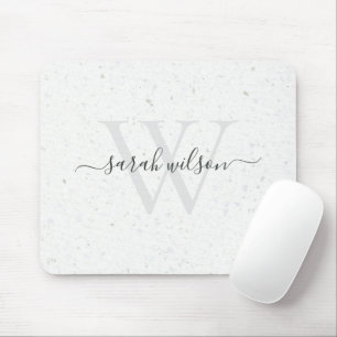 Elegant Script Terrazzo Stone Ivory Grey Monogram Mouse Pad