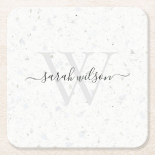 Elegant Script Terrazzo Stone Ivory Grey Monogram Square Paper Coaster