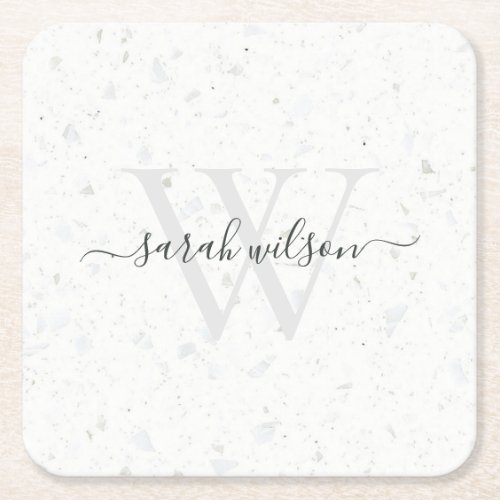 Elegant Script Terrazzo Stone Ivory Grey Monogram  Square Paper Coaster