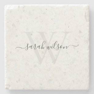 Elegant Script Terrazzo Stone Ivory Grey Monogram Stone Coaster