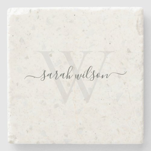 Elegant Script Terrazzo Stone Ivory Grey Monogram Stone Coaster