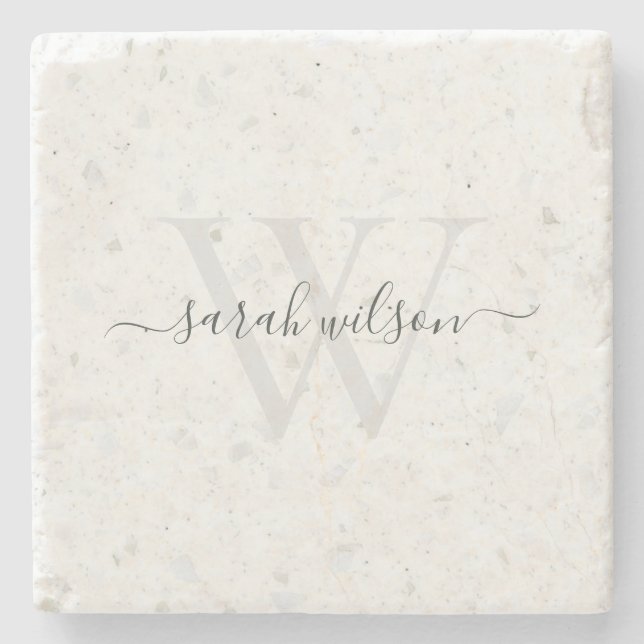 Elegant Script Terrazzo Stone Ivory Grey Monogram Stone Coaster (Front)