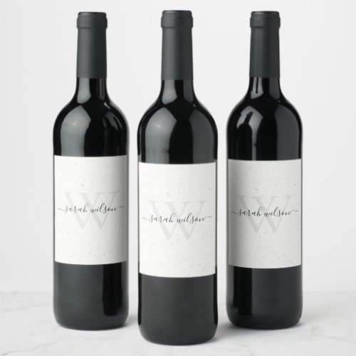 Elegant Script Terrazzo Stone Ivory Grey Monogram Wine Label
