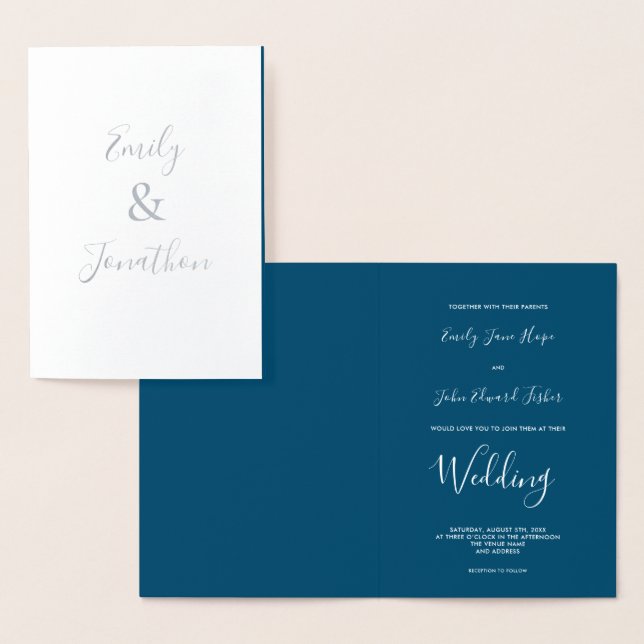 Elegant Script Text Names Silver Wedding Foil Card (Display)
