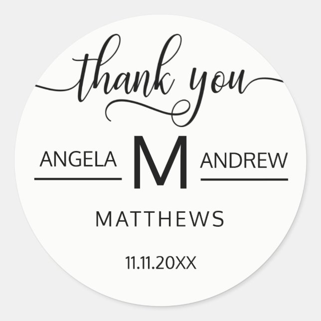 Elegant Script Thank You | Black & White Wedding Classic Round Sticker (Front)