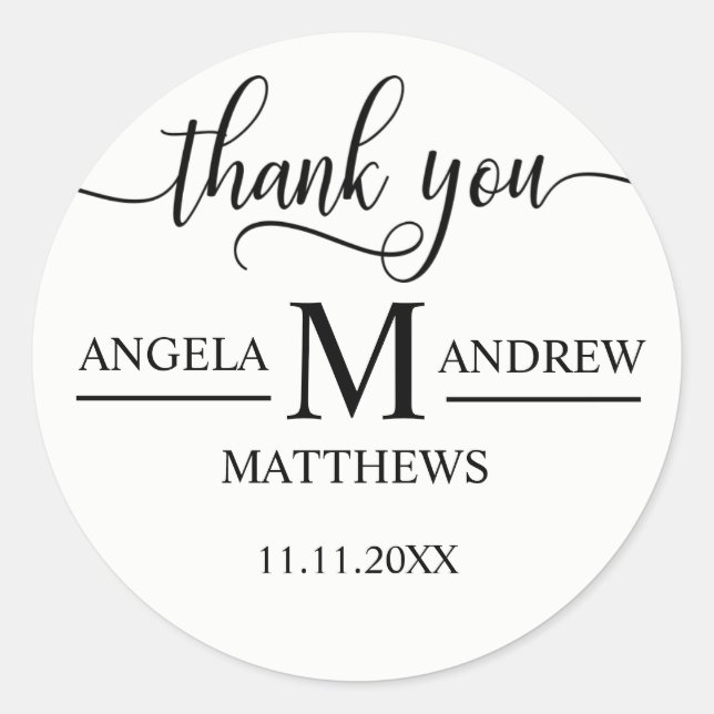Elegant Script Thank You | Black & White Wedding Classic Round Sticker (Front)
