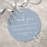Elegant Script Thank You Dusty Blue Wedding Favor Tags<br><div class="desc">Featuring signature style names,  this elegant dusty blue and white tag can be personalized with your special thank you information in chic white lettering. Designed by Thisisnotme©</div>