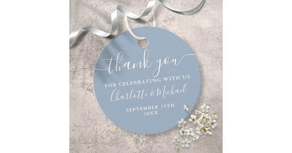 Elegant Script Thank You Dusty Blue Wedding Favor Tags | Zazzle