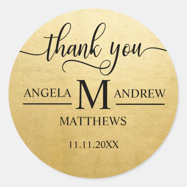 Elegant Script Thank You Gold Black Wedding Classic Round Sticker Zazzle