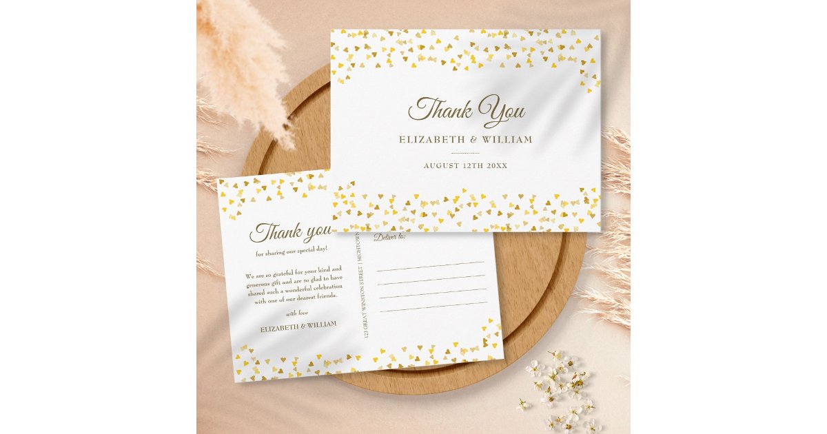 Elegant Script Thank You Gold Love Hearts Confetti Postcard | Zazzle