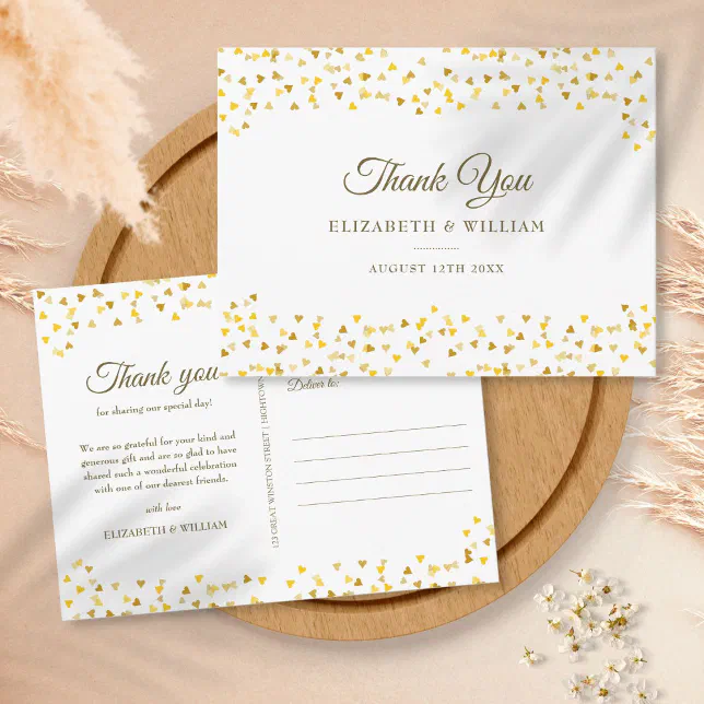 Elegant Script Thank You Gold Love Hearts Confetti Postcard | Zazzle