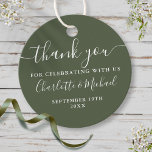 Elegant Script Thank You Olive Green Wedding Favor Tags<br><div class="desc">Featuring signature style names,  this elegant olive green tag can be personalized with your special thank you information in chic white lettering. Designed by Thisisnotme©</div>