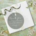 Elegant Script Thank You Sage Green Wedding Favor Tags<br><div class="desc">Featuring signature style names,  this elegant sage green and white tag can be personalised with your special thank you information in chic white lettering. Designed by Thisisnotme©</div>