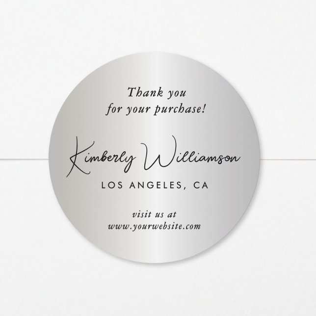 Elegant Script Thank You Silver Classic Round Sticker (Creator Uploaded)
