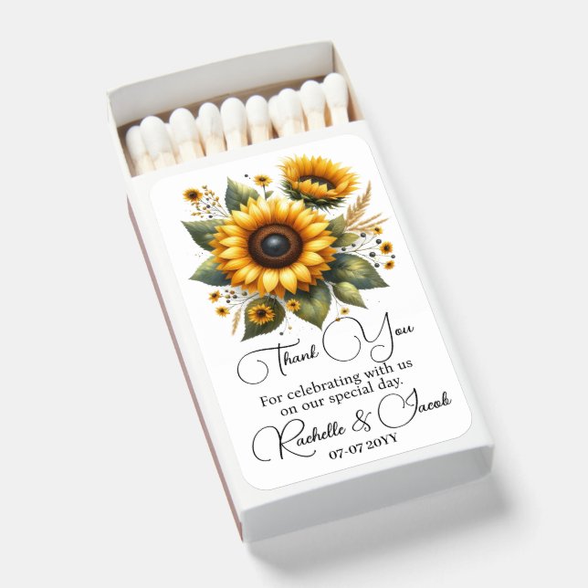 Elegant Script Thank You Sunflowers Custom Wedding Matchboxes (Front Open)