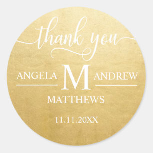 Elegant Script Thank You White Gold Wedding Classic Round Sticker