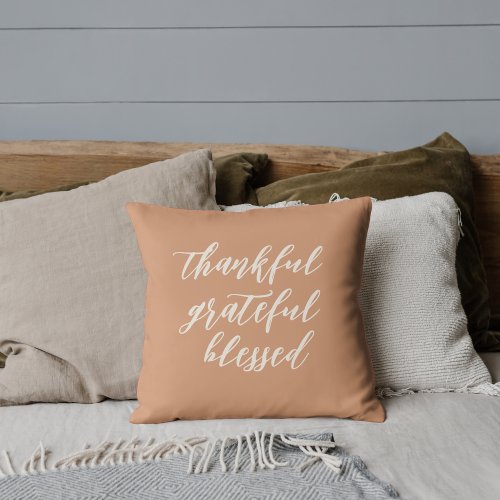 Elegant Script Thankful Grateful Blessed Quote Throw Pillow