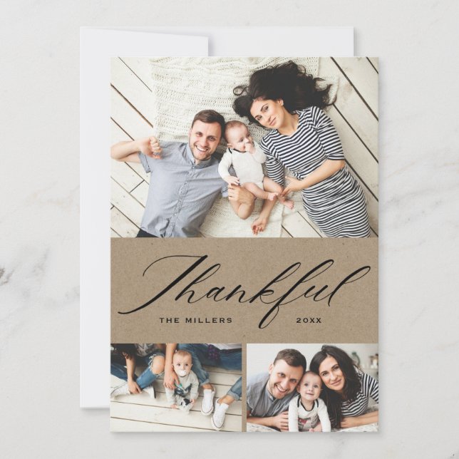 Elegant Script Thankful Photo Collage Thanksgving Holiday Card (Front)