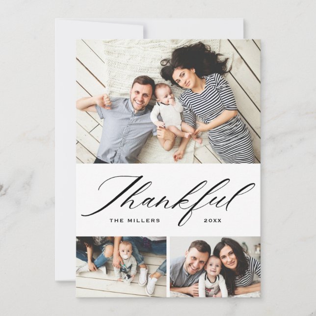 Elegant Script Thankful Photo Collage Thanksgving Holiday Card (Front)