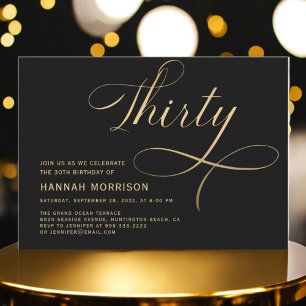 Elegant Script Thirty Black Gold 30th Birthday Invitation