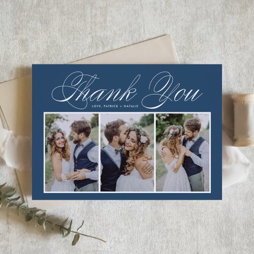 Elegant Script Three Photo Collage Blue Wedding Thank You Card