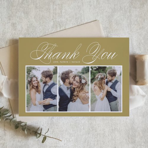 Elegant Script Three Photo Collage Gold Wedding Thank You Card