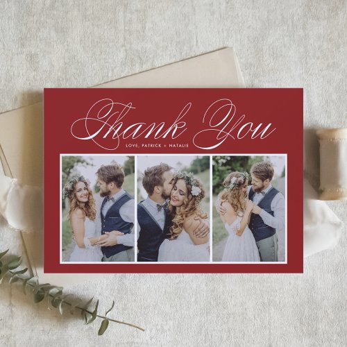 Elegant Script Three Photo Collage Red Wedding Thank You Card