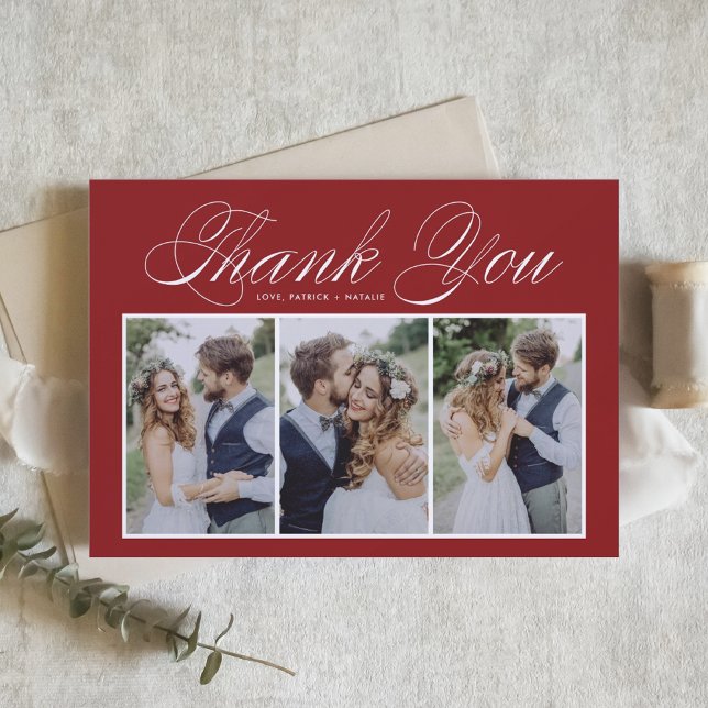 Elegant Script Three Photo Collage Red Wedding Thank You Card (Creator Uploaded)