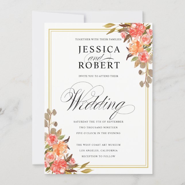 Elegant Script Touch of Floral Fall Wedding Invitation (Front)