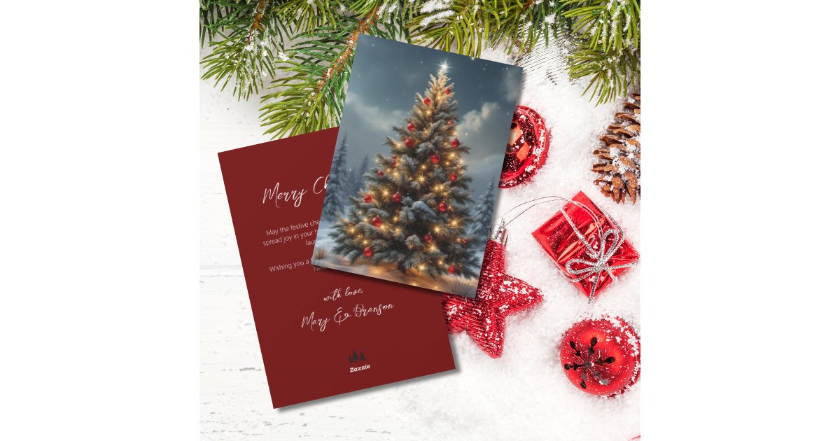 Elegant Script Tree Non Photo Red Christmas Holiday Card | Zazzle