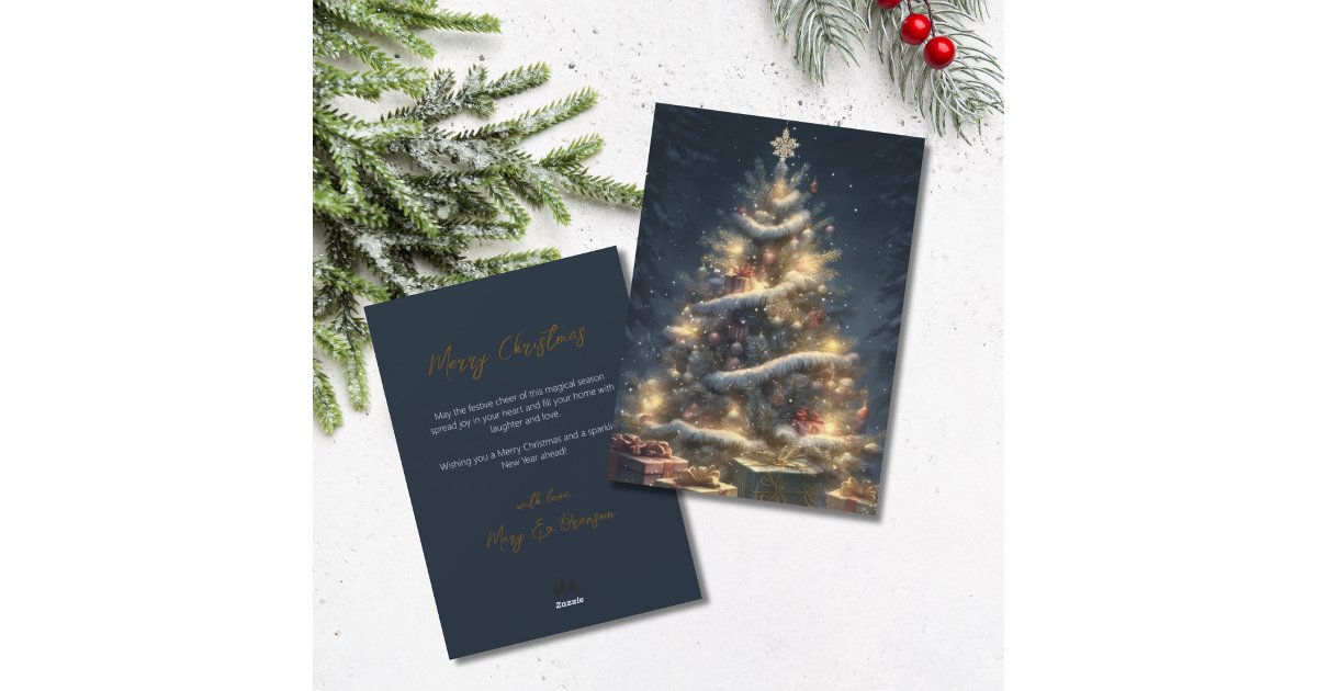 Elegant Script Tree Non Photo Snowy Christmas Holiday Card | Zazzle