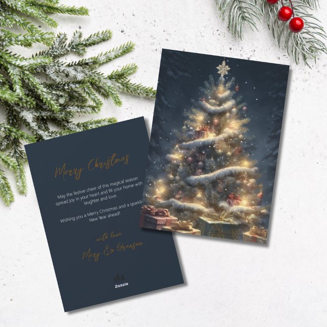 Elegant Script Tree Non Photo Snowy Christmas Holiday Card (Winter Christmas Tree with Presents)