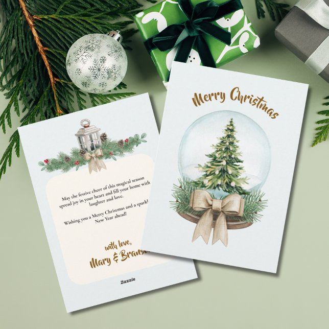 Elegant Script Tree Non Photo Watercolor Christmas Holiday Card (Snow Globe with Christmas Tree and Bows Christmas Card)