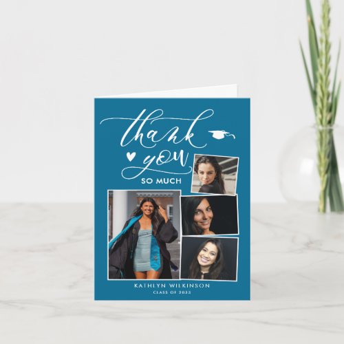 Elegant Script Turquoise 4 Photo Chic Graduation Thank You Card